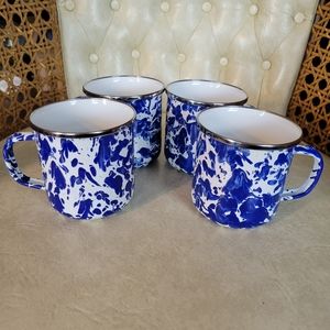 Set of 4 Golden Rabbit Cobalt Blue Swirl Enamel Metal Coffee Mugs Enamelware.